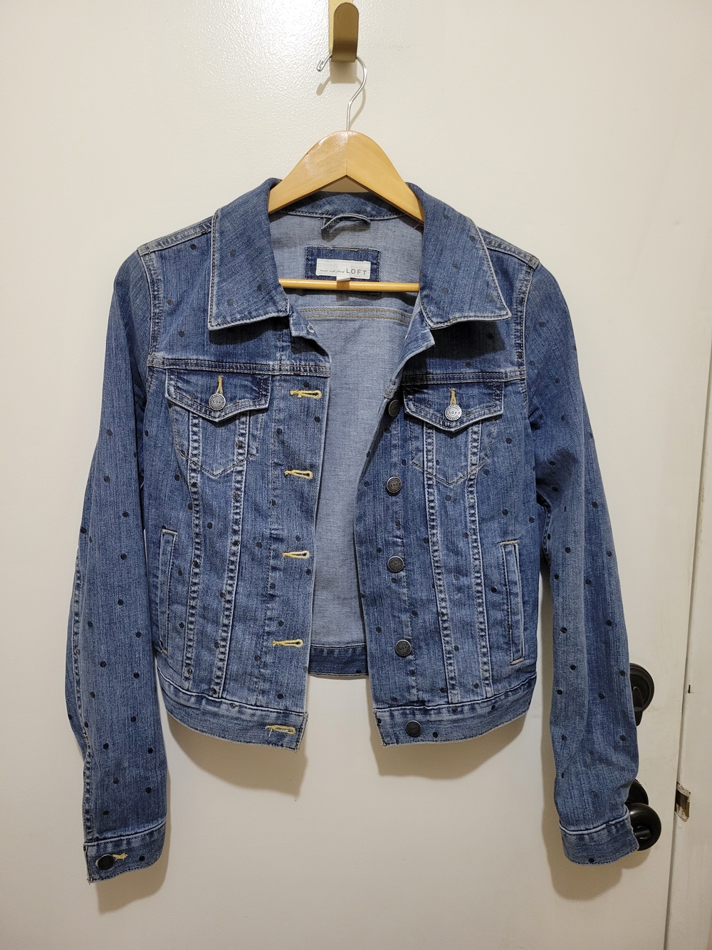 LOFT Blue Denim Jacket with Black Polka Dot Print - XS